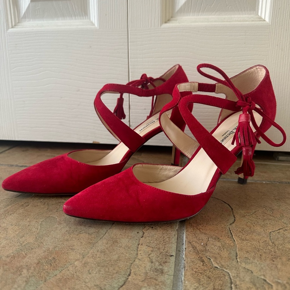 LK Bennett Loren Roca Red Suede Leather Pumps Heels Ankle Tie Size EU 37 US 6.5